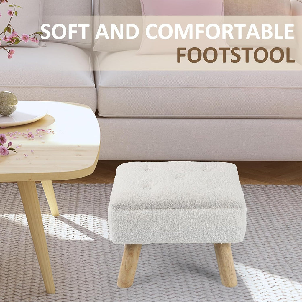 Storage Ottoman, Small Foot Stool Ottoman with Storage, Boucle Teddy Velvet Foot Rest with Padded Seat, Sturdy Wood Legs Stool for Living Room, Bedroom, Couch, Enterway (Cream) - Image 4