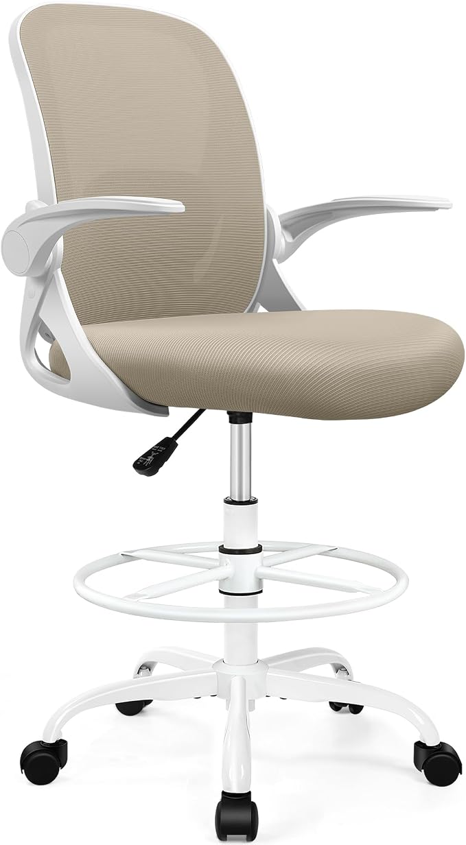 Drafting Chair Tall Office Chair with Flip-up Armrests, Adjustable Height, and Enhanced Lumbar Support - Ergonomic Rolling Stool, Back Support, and Adjustable Foot Rest Ring for Standing Desk Khaki - Image 8