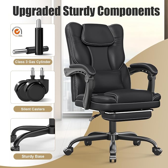 Ergonomic Office Chair with Footrest, Reclining Executive Computer Chair | 90°-155°Locking Tilt, 300lb Desk Gaming Chair with Lumbar Support, Comfy Leather PC Chair, 360° Rolling Swivel & Height Black - Image 7
