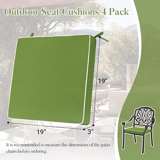 Basic Beyond Outdoor Chair Cushions for Patio Furniture, Waterproof Outdoor Seat Cushions Set of 4 19 x 19, Patio Chair Cushions Set of 4 with Ties and Handle, Grass Green/White - Image 6