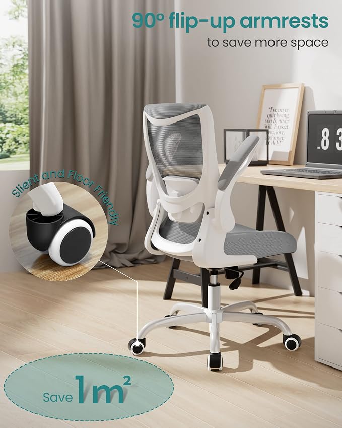Office Chair, Ergonomic Desk Chair with Adjustable Lumbar Support and Flip up Armrest, Breathable Mesh Computer Chair for Home Office, Gray - Image 3