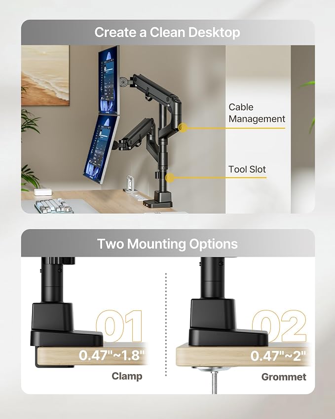 monTEK Dual Monitor Arm, Vertical Stackable 57", Heavy Duty with USB Black | Vertical Stackable Gas Spring Arm For 17–57" Ultrawide Monitors,Up To 59.4 Lbs Each, 75/100 VESA Mount with USB 3.0A/C - Image 7