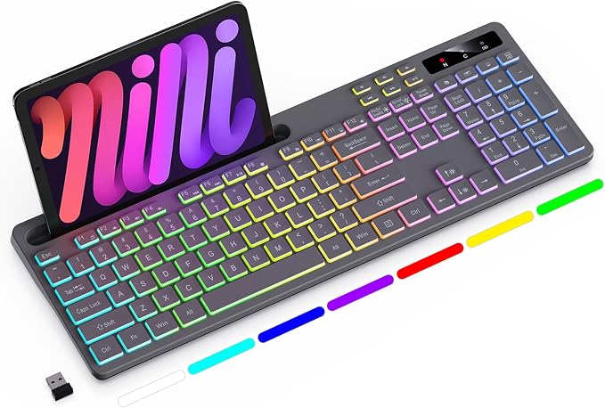 Soueto Wireless Keyboard with 7-Color RGB Backlit, Full-Size Computer Keyboard with Phone Tablet Holder, 2.4G Rechargeable Gaming Keyboard with Light Up Keys, Compatible with Mac, Windows (Grey) by Soueto