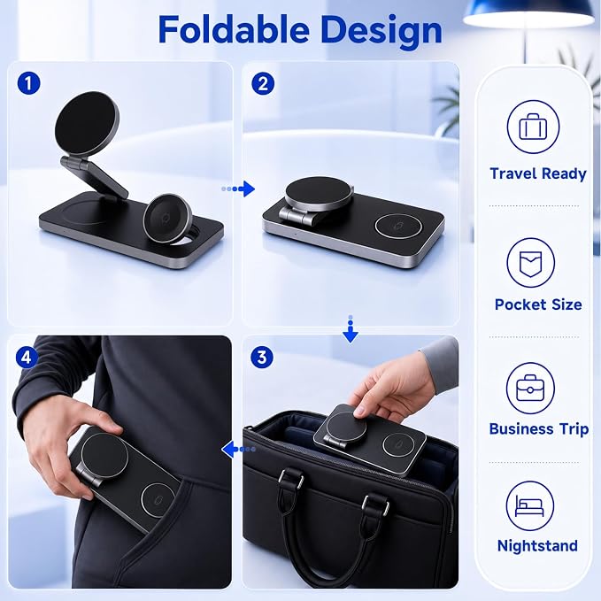 3 in 1 Foldable Magnetic Wireless Charging Station for Samsung | Fast Wireless Charger Stand for Galaxy S26 Ultra/S25/S24, Z Fold 7/Flip 7, Galaxy Watch Ultra/8/7/6, Buds 3 Pro - Image 3