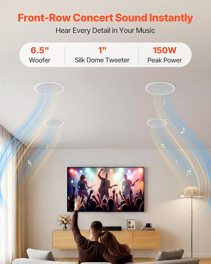 VEVOR Bluetooth Ceiling Speakers, 6.5", in Ceiling & in-Wall Speaker System with Amplifier, 2-Way, for Damp and Humid Placement, Home Theater, Covered Outdoor Patio and Flush Mount Wired, 4 Speakers - Image 2