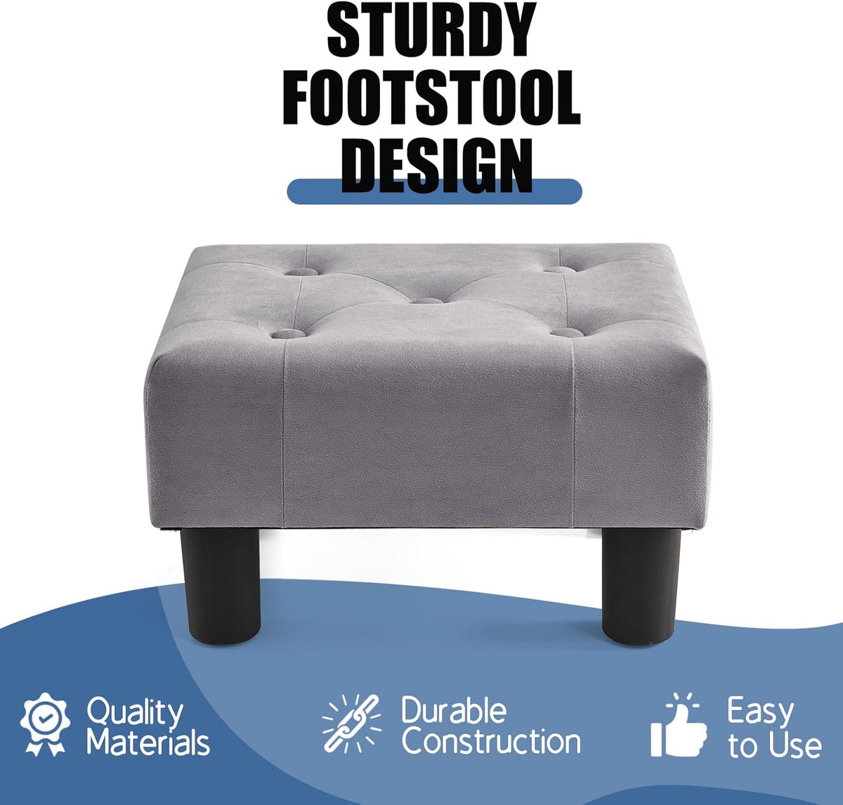 BRIAN & DANY Small Foot Stool, Velvet Foot Stools with Legs, Stable Small Footstool for Living Room, Harbor Mist Gray - Image 4