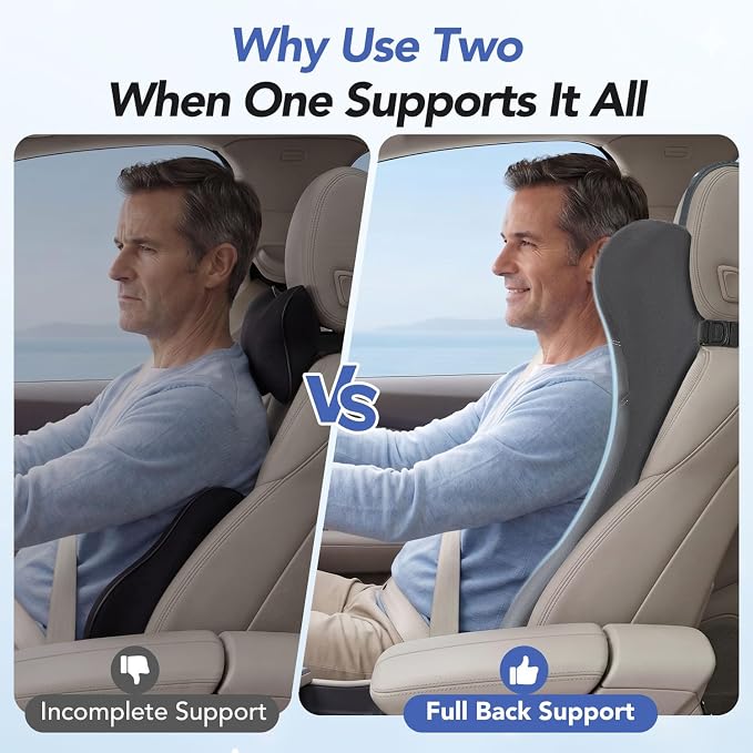 Lumbar Support Pillow for Car with Headrest, Memory Foam Cushion for Back & Neck Support, Muscle Fatigue Relief, Full-Length S-Curve Support for Long Drives, Fits Cars, SUVs, Trucks - Image 8