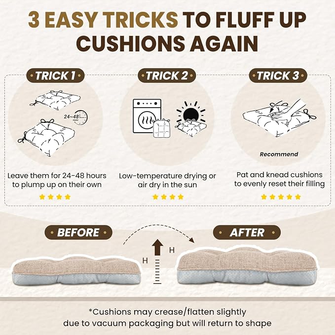 downluxe Indoor Chair Cushions for Dining Chairs, Tufted Overstuffed Textured Foam Kitchen Chair Pads with Ties and Non-Slip Backing, 15.5" x 15.5" x 4", Oatmeal Beige, 4 Pack - Image 7