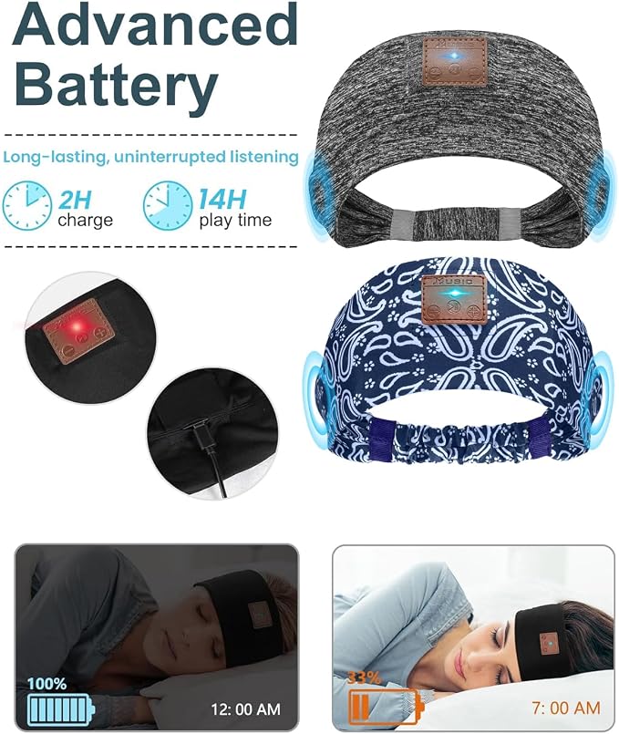 2-Pack Sleeping Headphones, Headband Headphones with Thin Speakers | Wireless Bluetooth Headband for Running Sports Workouts Yoga Travel Meditation Gift for Men Women - Gray&Pattern Blue - Image 3