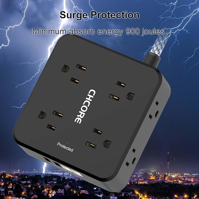 Surge Protector Power Strip - CHCORE 5Ft Braided Extension Cord with 8 Outlets with 4 USB (2 USB C) Charging Ports, Flat Plug Multi Plug Outlet Extender Charging Station for Home Office, ETL, Black - Image 6