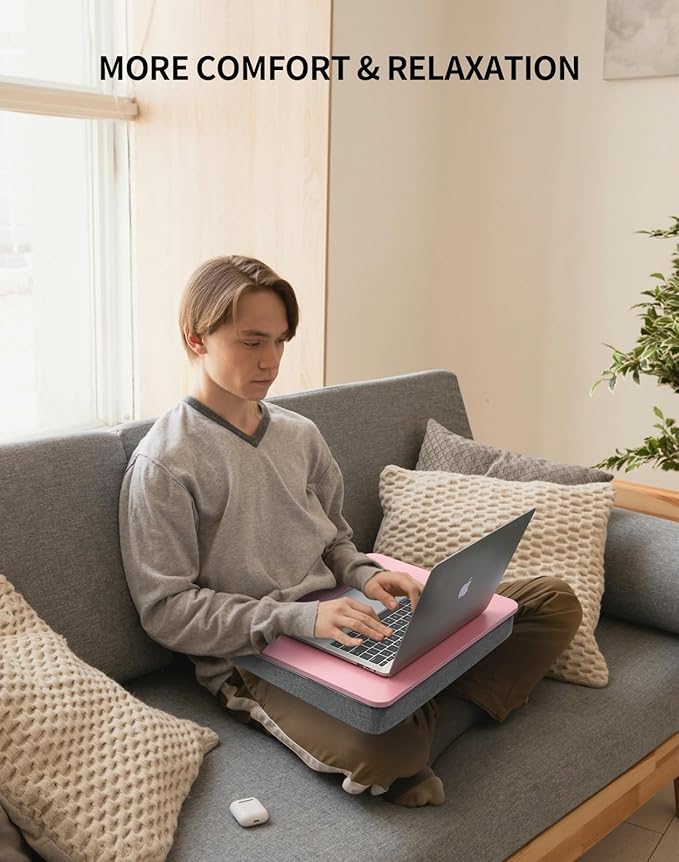 ZEAPTAC Lap Desk with Pillow Cushion, Portable Bed Desk, Fits up to 15.6 inch Laptop, Lap Stand for Bed & Couch & Carpet, Book/Tablet/Drawing Board Stand - Pink - Image 3