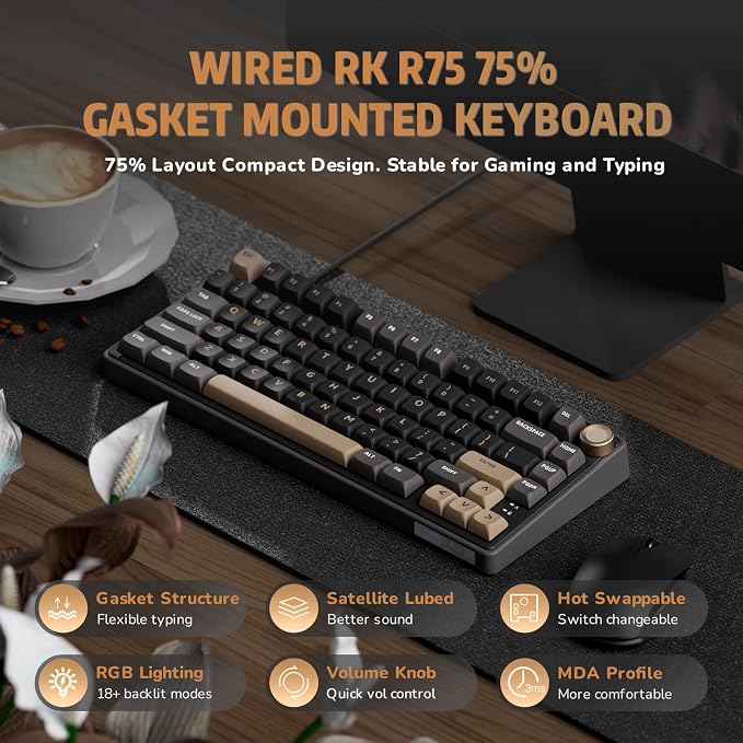RK ROYAL KLUDGE R75 Wired Mechanical Keyboard with Volume Knob, 75% Mechanical Gaming Keyboard Gasket Mount, Hot Swappable Silver Switch, MDA Profile PBT Keycaps, Creamy Keyboards, Black - Image 2