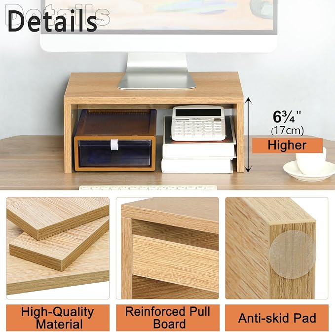 TEAMIX Higher Monitor Stand Riser, Wood Monitor Riser with Storage for Desk Small Monitor Stand TV/Screen/PC/Laptop Riser Computer Stand Desktop Shelf - Image 5