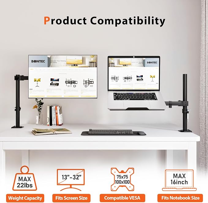 BONTEC Laptop Arm for Desk, 13-32 Inch, 22lbs, VESA 75/100 Compatible | Fully Adjustable Monitor Arm with Vented Tray for LCD Screens and Notebook up to 17", Dual Mounting Options - Image 2