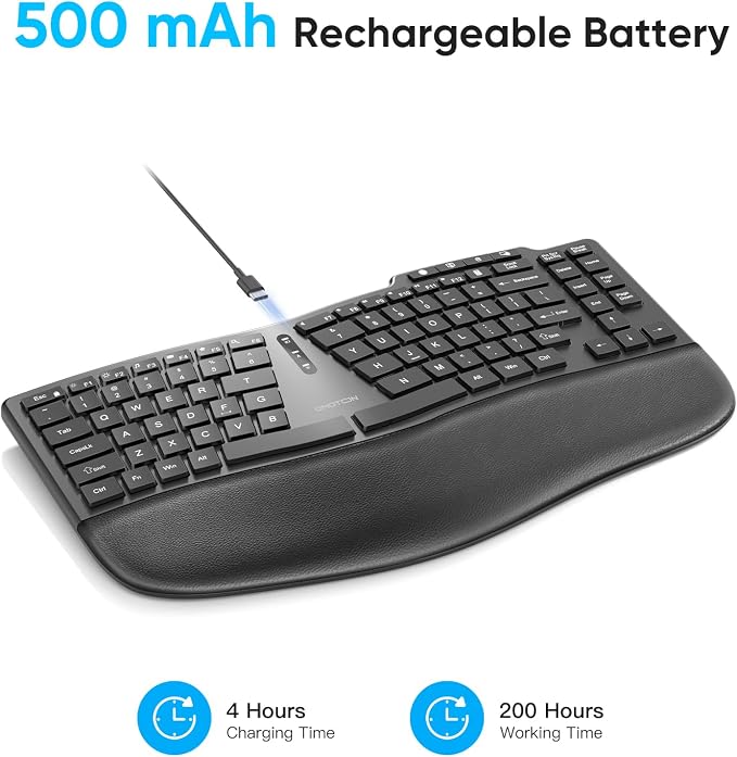 OMOTON Ergonomic Wireless Split Keyboard Compatible with Windows only, Cushioned Wrist Rest, Rechargeable, USB Connectivity, 2.4G Membrane Silent Keyboard, Classic Black - Image 7