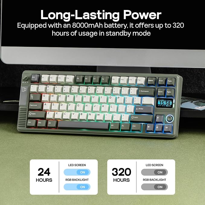 EPOMAKER RT85 Wireless Mechanical Keyboard with Joystick & DIY Screen | 8000mAh, BT/USB/2.4Ghz, Gasket, 5-Layer Paddings, Hot-Swap, PBT Keycap, 75% Gaming Keyboard (Army Green, Creamy Jade) - Image 4