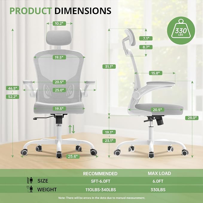 Office Chair|330LBS Capacity Ergonomic Desk Chair | High Back Computer Chair,Long Hours Comfortable,Rolling Swivel,Flip-up Armrests,Home Office - Image 2