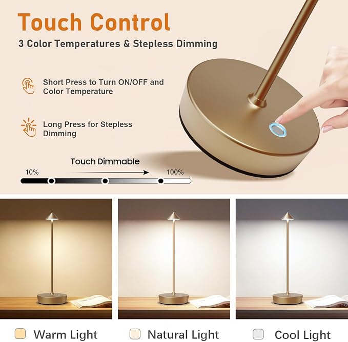 Set of 2 Cordless Rechargeable Led Table Lamp Battery Operated Light Bronze | 6000mAh Touch 3 Color Dimming Portable Metal Outdoor Waterproof Light for Patio/Restaurant/Dining/Home - Image 4