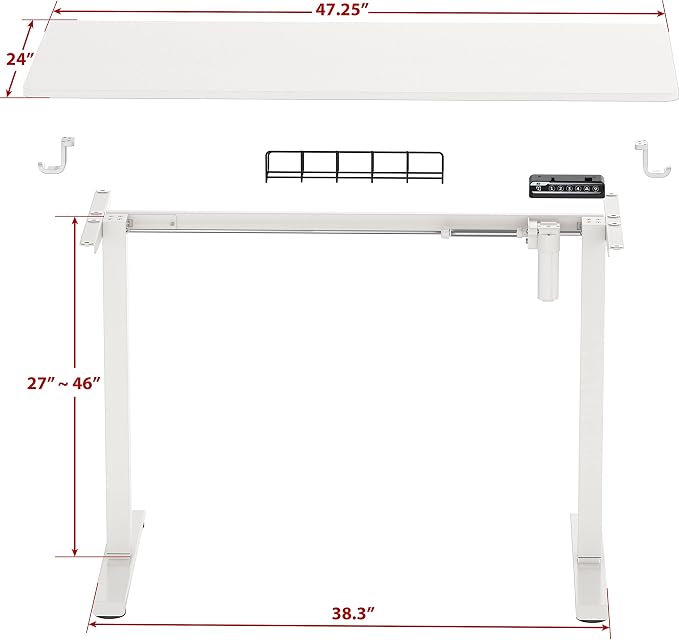 SHW 48-Inch Electric Height Adjustable Sit to Stand Desk, White | with Hanging Hooks and Cable Management, White Frame and White Top - Image 6