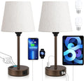 Brown Bedside Lamps Set 2 for Bedroom - Dimmable Touch, USB C+A, AC Outlet | 14.5" Mini Lamp, 3-Way Dimmable, LED Bulbs Included, Cream Barrel Fabric Lampshade, Nightstand Light for Guest Room, Kids by Acaxin