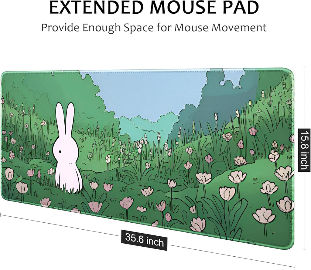 Ultra Large Gaming Mousepad, XXL Extended Full Size Desktop Matt for Keyboard, Laptop & Computer, 35.5 x 15.7 in, Anime Bunny Green Grass - Image 4