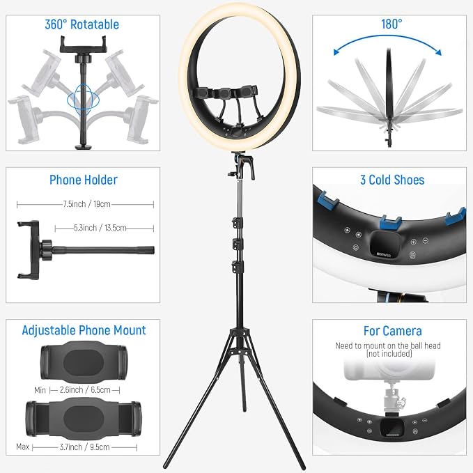 NEEWER Ring Light RP19H 19 Inch with Tripod Stand 3 Phone Holders | Upgraded 2.4G Touch Control, Ringlight for iPhone Video Recording, Streaming, Home Office, Zoom, Selfie, Makeup Lighting - Image 7