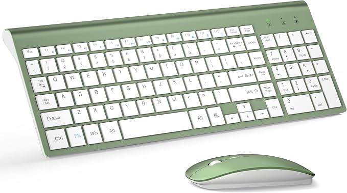 Wireless Keyboard and Mouse Ultra Slim Combo, TopMate - Green White | 2.4G Silent Compact 2400DPI Mouse and Scissor Switch Keyboard Set with Cover, Batteries Included, for PC/Laptop/Windows/Mac by TopMate