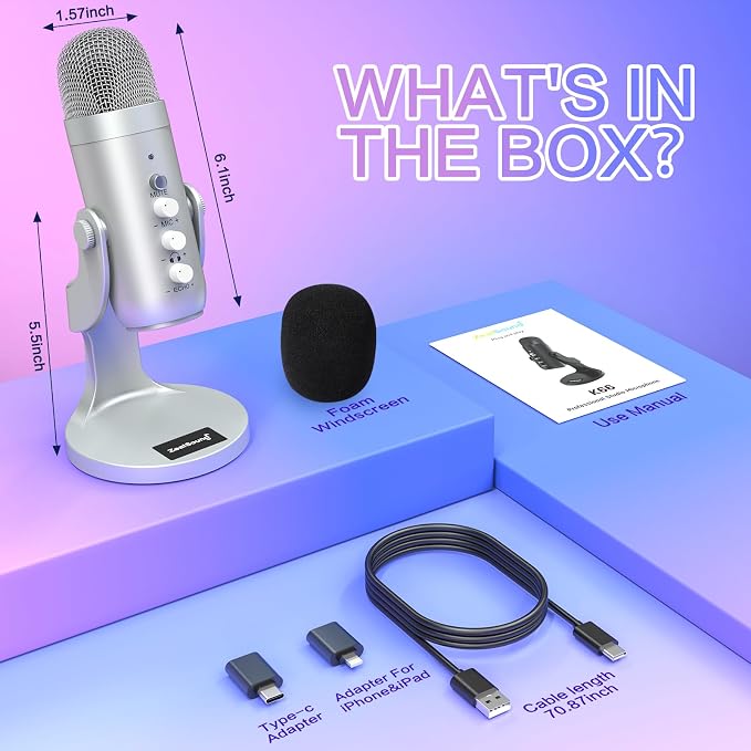 ZealSound Podcast Microphone for PC, Noise Cancellation USB Mic with Gain, Volume Adjustment & Mute Button, Monitoring & Echo, for YouTube, TikTok, Podcasting, Streaming, iPhone, iPad, Android(Silver) - Image 7