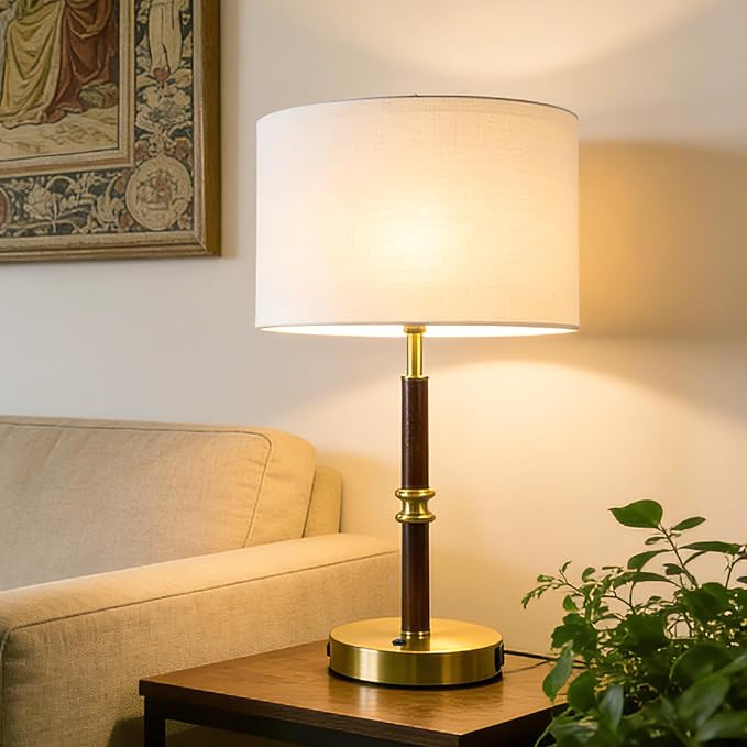 Table Lamp for Bedroom with USB & AC Outlet, Bulb Not Included | 19.3" Wood & Metal Mid Century Lamps Table Lamp for Living Room,Bedside Table Lamp with Linen Shade, Weighted Base,Home Decor - Image 5