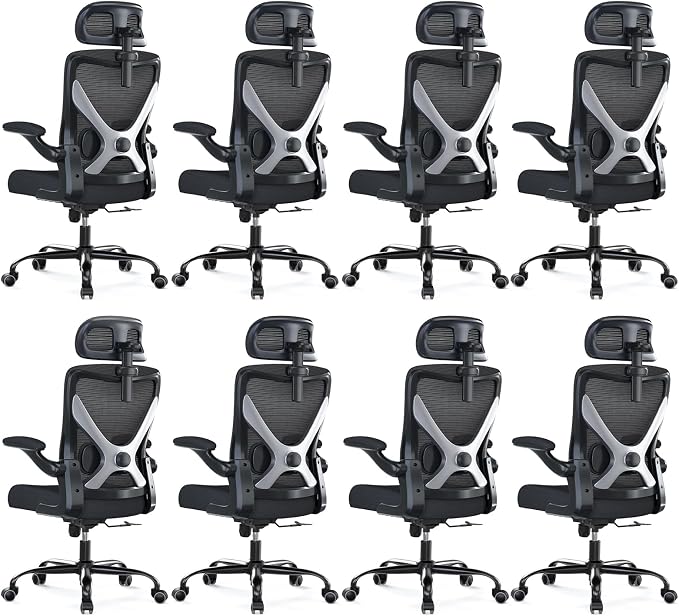 Ergonomic Office Chair: Mesh Desk Chair Comfy with Headrest& Lumbar Support | Ergalithic Big and Tall Office Chairs with Wheels & Flip-Up Arms-Computer Gaming Chairs for Adults (Black-Pack of 8) by Ergalithic
