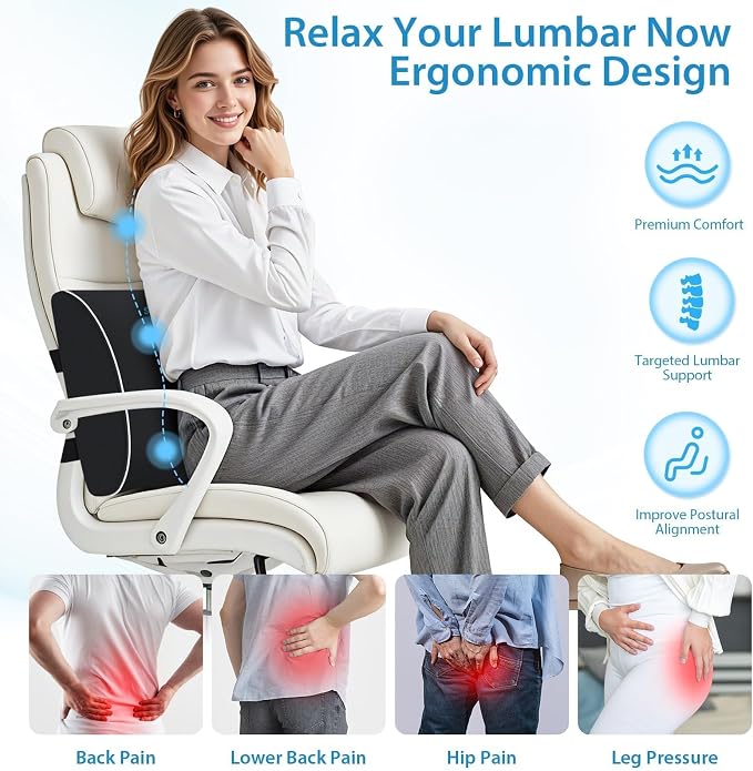 SweetSlubr Lumbar Support Pillow for Office Chair, Back Support(Black,XL) | 4.7" Thick, Memory Foam, Adjustable Straps, Machine Washable Mesh Cover, Lower Back Pain Relief for Office, Car & Gaming - Image 2