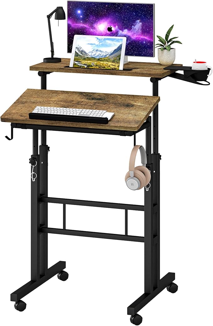 Klvied Small Standing Desk with Cup Holder, Height Adjustable Mobile Laptop Stand on Wheels, Ergonomic Rolling Computer Workstation for Home Office, Portable Overbed Table for Couch & Bed, Oak by Klvied