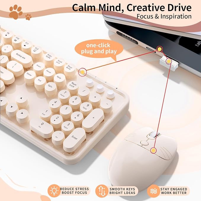 Wireless Keyboard Mouse, MOFII 104 Keys Cute Retro Typewriter Coffee | With OTG & Long Clean Bruch,Compatible With All windows and Type C Computer,1600DPI,Ideal For PC, Home, Office and College - Image 4