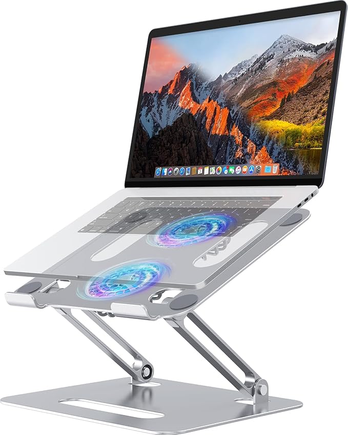 YICOSUN Adjustable Laptop Cooling Stand with 2 Quiet Fans & RGB Lighting, Aluminum Alloy & Foldable Ergonomic Design for MacBook, Lenovo, ASUS, Dell 10-16 Inch, Perfect for Gaming, DJ, Office - Silver by DeliveringDesktopFashion