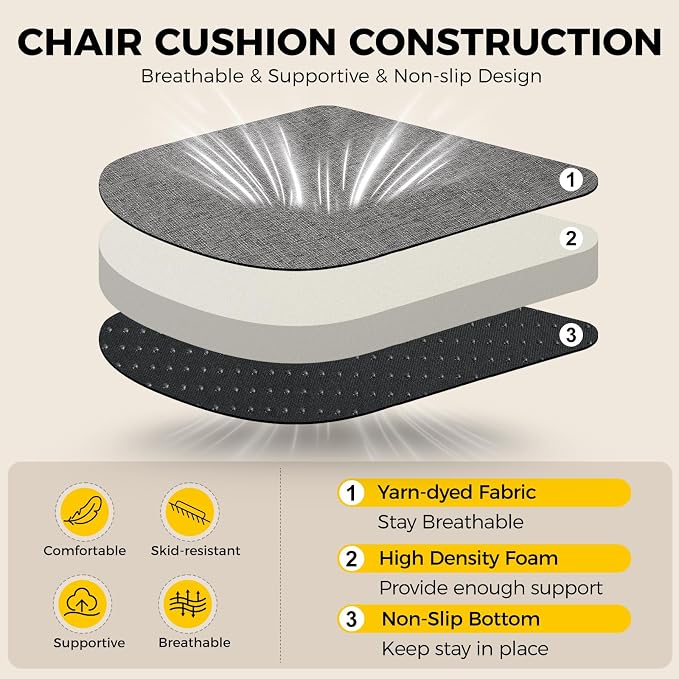 downluxe Indoor Chair Cushions for Dining Chairs, Soft and Comfortable Textured Foam Kitchen Chair Pads with Ties and Non-Slip Backing, 16" x 16" x 2", Dark Grey, 2 Pack - Image 3