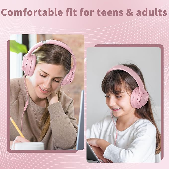 Botesty Sound Wired Headphones with Microphone, Over Ear 3.5mm Plug in Headphones with 4.9ft Tangle-Free Nylon Cord for Tablet, Laptop, MP3/4, School, Airplane Travel (Pink) - Image 3