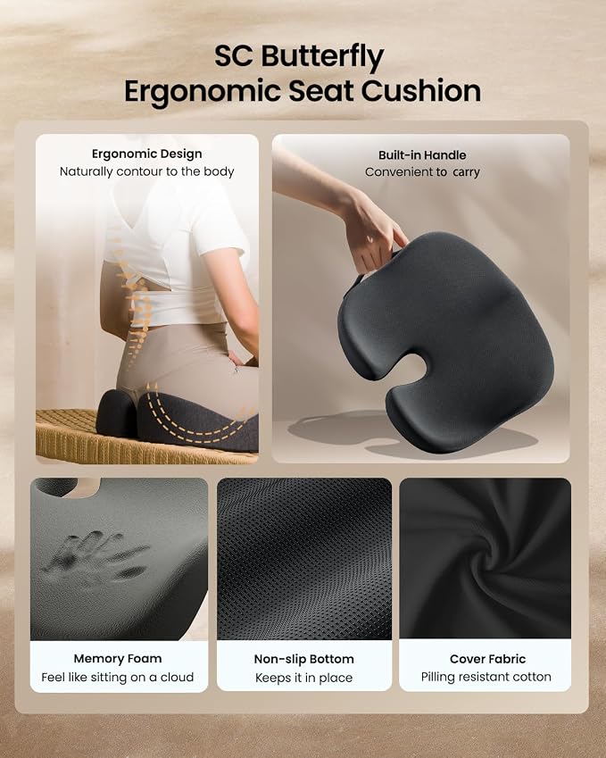 ProtoArc Seat Cushion, Office Chair Cushion for Sciatica, Black | Coccyx Cushion, Ergonomic Memory Foam Seat Cushion for Car, Home, Pressure Relief Pad for Hip, Tailbone, All Day Comfort - Image 8