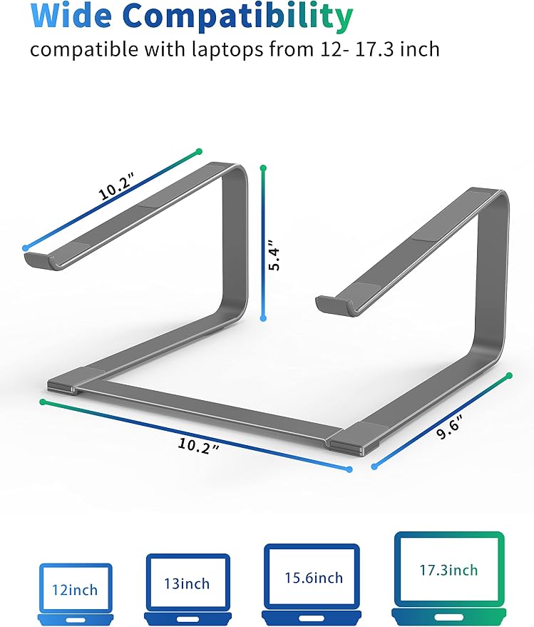 SOUNDANCE Laptop Stand for Desk, Ergonomic Metal Computer Riser for 12-17.3 Inch Laptops, Heavy Duty Stable Desktop Holder, Improves Eye Level & Workspace Organization, Grey - Image 2
