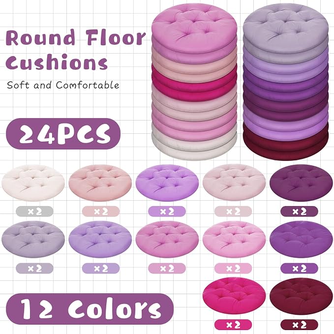 Tinideya 24 Pcs Floor Cushions Classroom,Medium 15.7 Inch,Pink-Purple | Round Meditation Pillows for Adults Kids, Flexible Seating Nursery Living Room Yoga, Soft Padded Chair Cushion - Image 4