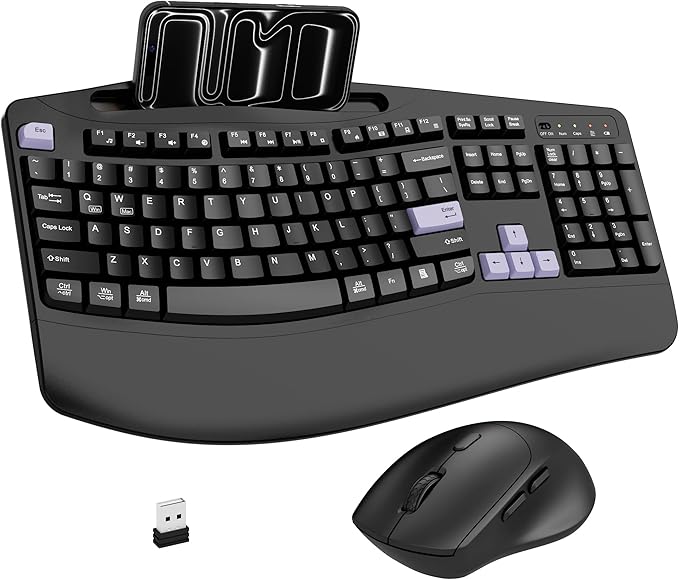 Wireless Keyboard and Mouse Combo, Full Size Ergonomic Wave Keys(Purple-B) | 2.4G Ergonomic Keyboard with Wrist Rest, Phone Holder, 3-Level DPI Silent Mouse with 6-Buttons, for Windows/Mac OS/Laptop/PC by Unknown