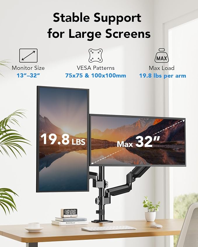 HUANUO Dual Monitor Mount up to 32 inches Screens, Taller Monitor Stand Hold 19.8lbs, Dual Monitor Arm Desk Mount Easy Adjustable with Tilt, Swivel, Rotation, VESA 75/100mm - Image 2