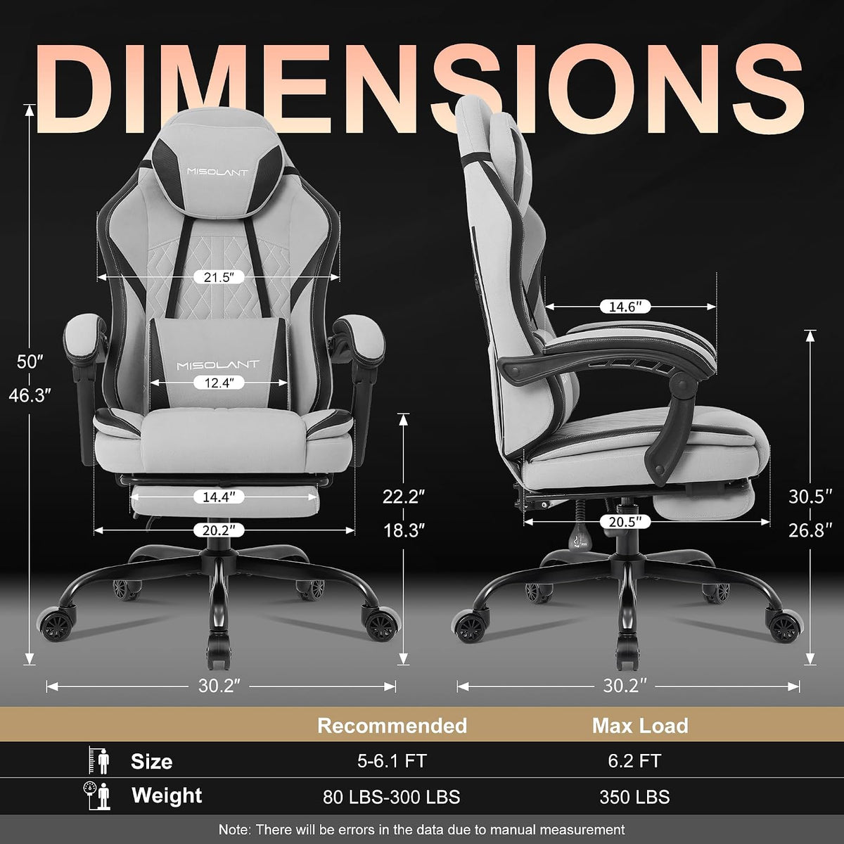 Misolant Gaming Chair, Fabric Gamer Chair with footrest for Adults, High Back Ergonomic Computer Game Chair with Adjustable Headrest and Massage Lumbar Support, 90-155° Recline Free, Gray - Image 3