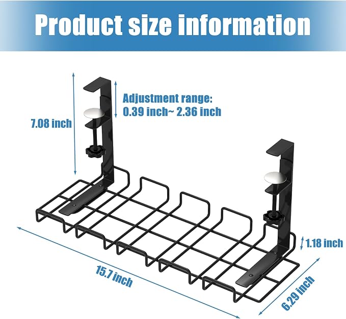 Under Desk Cable Management Tray with 52Pcs Different Essential Accessories | No Drill Steel Cord Organizer Kit for Home Office Standing Desk (15.7/13.4inch, Black) - Image 3