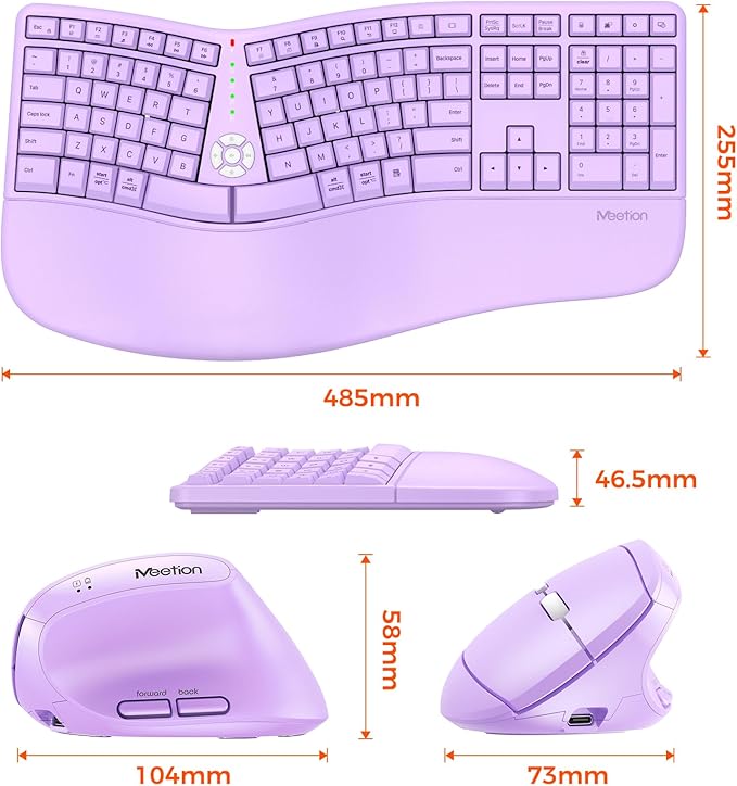 MEETION Ergonomic Keyboard Mouse Combo, Split Design Vertical Mouse, Purple | Rechargeable full-size keyboard with cushioned wrist rest, 2.4GHz USB receiver, natural typing, for Windows, Mac, PC, laptop - Image 6