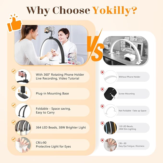 Yokilly Half Moon Light for Nail Desk: 29" Foldable Nail Light for Desk | AB Diamonds Arch Nail Tech Light with Phone Holder for Beginner - 3 Color Modes & 10 Brightness for Manicure Salon-Black - Image 2