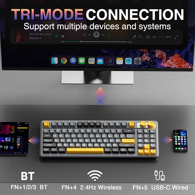 SOLAKAKA SK90 75% Wireless Gaming Keyboard - 4000mAh Tri-Mode (BT5.0/2.4G/USB-C) Cute Creamy Gaming Keyboard with Number Pad, Media Knob, RGB Backlit, Quiet Keys Silent Office Keyboards for PC MAC - Image 3