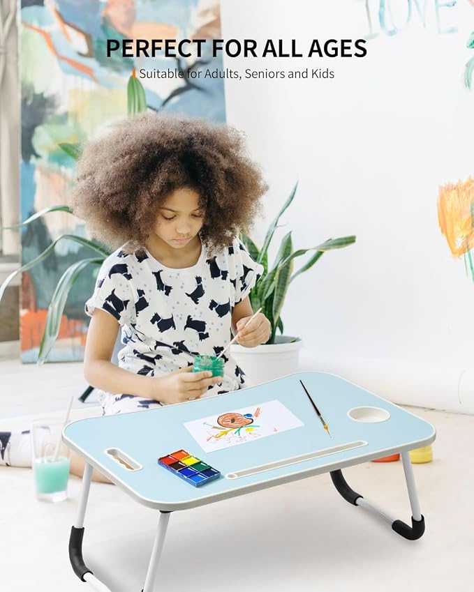 FISYOD Foldable Laptop Table, Portable Lap Desk Bed Table Tray, Laptop Stand with Cup Holder & Tablet Slot & Lifting Handle for Working Writing Drawing & Eating (Light Blue) - Image 4