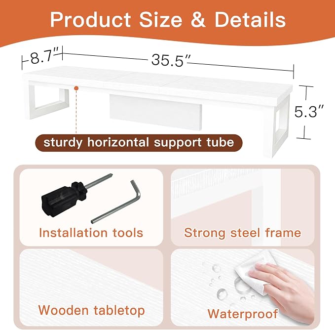 Dual Monitor Stand Riser, Large Computer Monitor Stand for 2 Monitors, Multi-Purpose Desk Organizers and Accessories, Wood and Steel Desk Shelf for Computer, Laptop, Printer, TV, White - Image 6