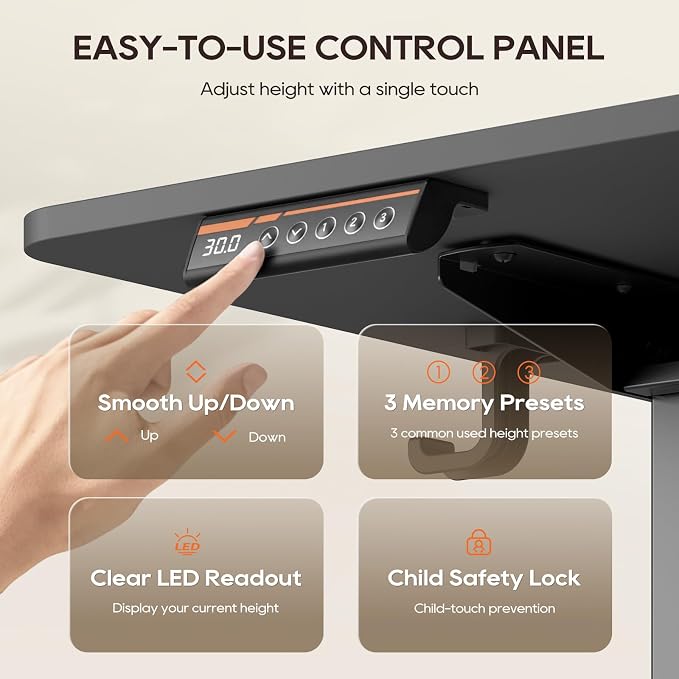 MALOL 47" x 24" Electric Standing Desk with Adjustable Footrest, Black | Height Adjustable Computer Home Office Gaming Desk with 3 Memory Presets & Child Lock, Adjustable Feet, Cable Management - Image 8