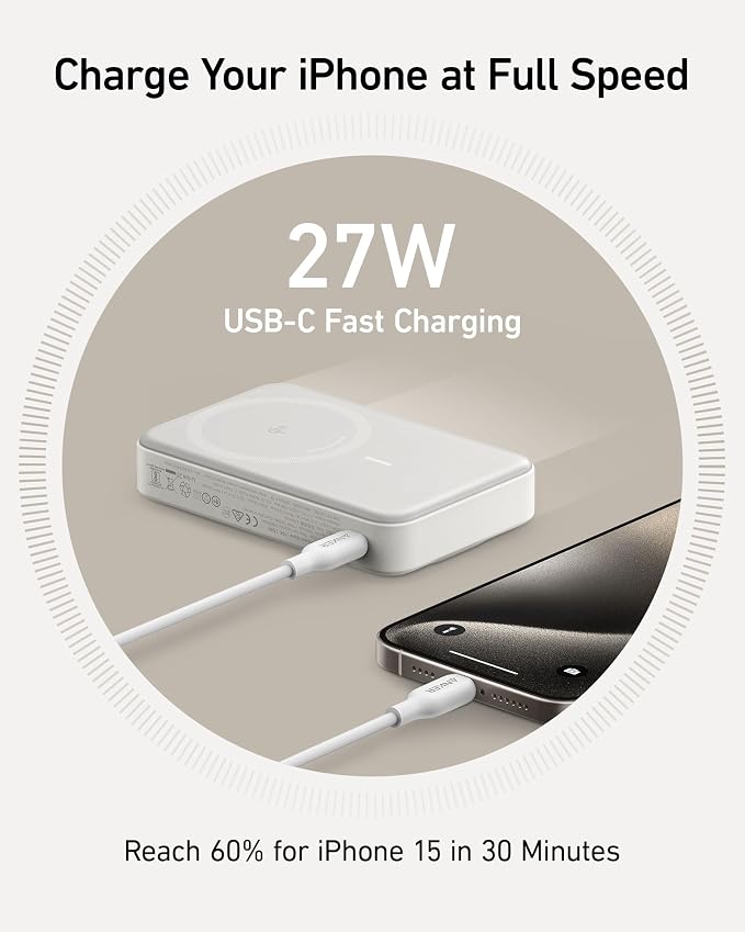 Anker MagGo Power Bank, 10,000mAh Qi2-Certified 15W Max Portable Charger | Fast MagSafe-Compatible Battery Pack, Smart Display, Foldable Stand, for iPhone 16 / 15 / 14 / 13 Only (USB-C Cable Included) - Image 5